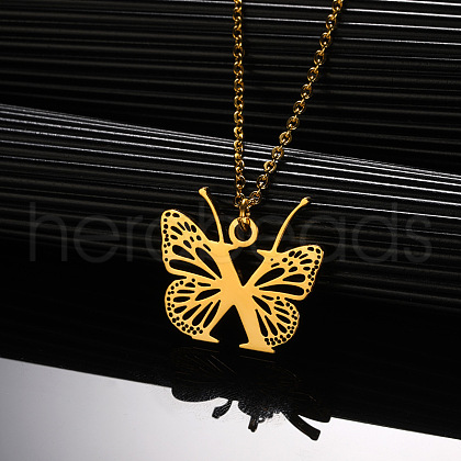 304 Stainless Steel Butterfly Initial Pendant Necklaces WG80197-24-1