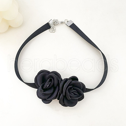 Double 3D Rose Polyester Band Choker Necklaces with Alloy End Chains FS-WG50A3E-01-1