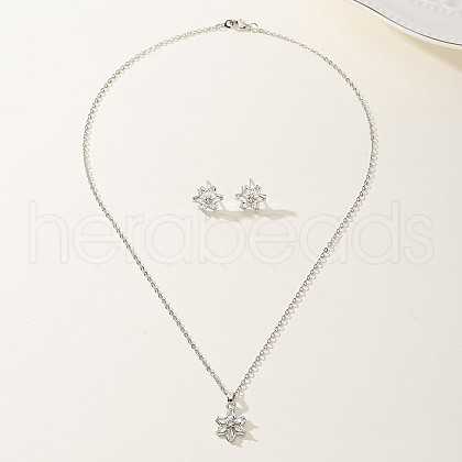 Vintage Retro Elegant Brass Cubic Zirconia Flower Stud Earrings & Necklaces Set for Women PI9054-1