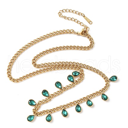 304 Stainless Steel Rhinestone Teardrop Tassel Twisted Chain Necklaces for Women NJEW-V010-01G-02-1