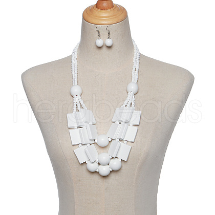 Wood Rectangle & Round Beaded Multilayer Necklaces & Dangle Earrings Sets FS-WG1E68D-01-1