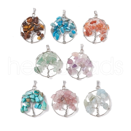 8Pcs 8 Styles Natural Mixed Stone Chip Copper Wire Wrapped Pendants PALLOY-JF02610-1
