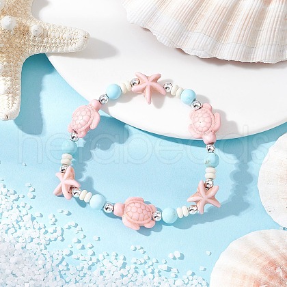Dyed Synthetic Turquoise Beads & Natural Howlite Round Beads Stretch Bracelets for Women BJEW-JB11792-03-1