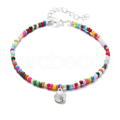 Bohemian Style Alloy Shell Shape Charm Colorful Glass Seed Beaded Anklets for Women FS-WGADE82-02-1