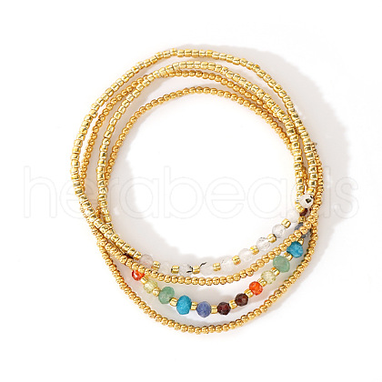 4Pcs Luxury Natural 304 Stainless Steel Round Beads & Moonstone & Lapis Lazuli & Malaysia Jade & Glass & Cubic Zirconia & Purple  Garnet & Red Garnet & Glass Seed Beads Stretch Bracelet Set for Women AP3962-7-1