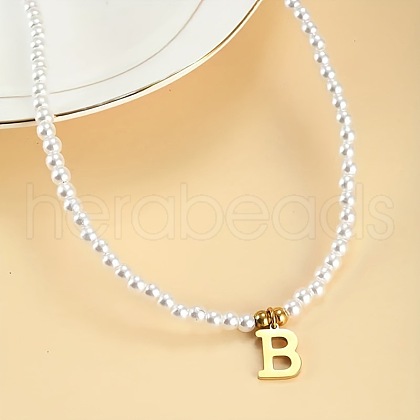 Alloy Initial Pendant White Round Imitation Pearl Beaded Necklaces for Women WG5A9DE-02-1