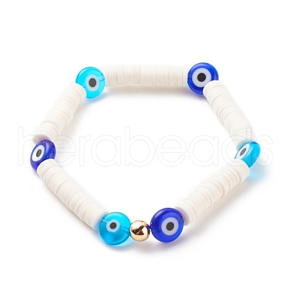 Polymer Clay Heishi Surfer Stretch Bracelet with Lampwork Evil Eye Beaded for Women BJEW-JB08386-01-1