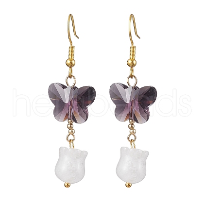 Butterfly Transparent Glass with Natural White Jade Dangle Earrings EJEW-JE05804-01-1