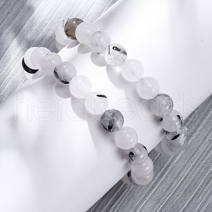 Natural Tourmalinated Quartz Round Beaded Stretch Bracelets for Men Women BJEW-G743-01C-1