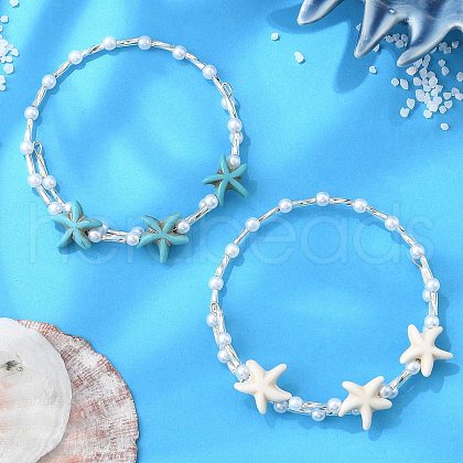 2Pcs 2 Colors Synthetic Turquoise Beaded Bangles BJEW-JB11588-1