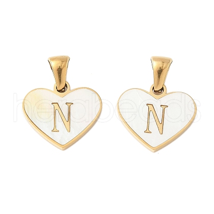 304 Stainless Steel Pave Natural White Shell Heart with Initial Slice Pendants STAS-R168-25G-N-1