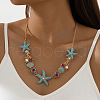 Summer Beach Starfish & Shell Shape Alloy Dark Turquoise Enamel & Rhinestone & Plastic Pearl Bib Necklaces for Women FS-WGF2A9E-01-1