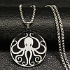 304 Stainless Steel Black Enamel Flat Round with Octopus Pendant Necklaces NJEW-K283-31P-1