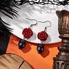 Halloween Synthetic Coral Red Flower & Synthetic Turquoise Black Skull Dangle Earrings EJEW-JE06069-S-1