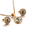 Flat Round with Letter Pattern 304 Stainless Steel Crystal Rhinestone Pendant Necklace & Stud Earring FS-WG33EDD-05-1