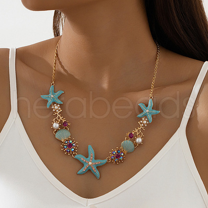 Summer Beach Starfish & Shell Shape Alloy Dark Turquoise Enamel & Rhinestone & Plastic Pearl Bib Necklaces for Women FS-WGF2A9E-01-1