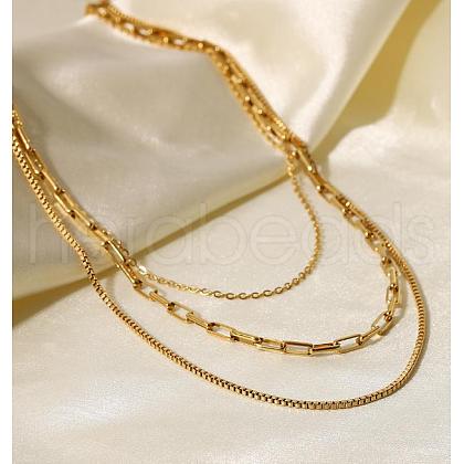 304 Stainless Steel Paperclip & Box Chains 3 Layer Necklaces JN1126A-1