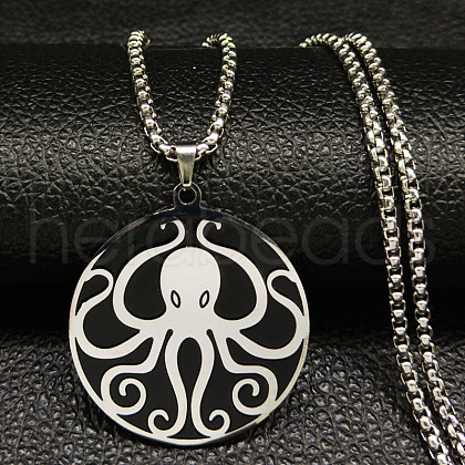 304 Stainless Steel Black Enamel Flat Round with Octopus Pendant Necklaces NJEW-K283-31P-1
