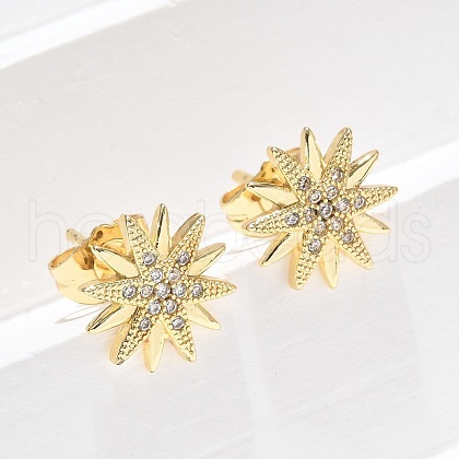 Star Brass Micro Pave Clear Cubic Zirconia Stud Earrings EJEW-D305-14G-1