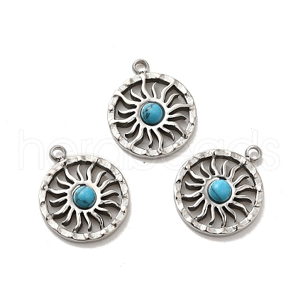 304 Stainless Steel Pave Dyed Synthetic Turquoise Sun Charms STAS-B074-05P-02-1