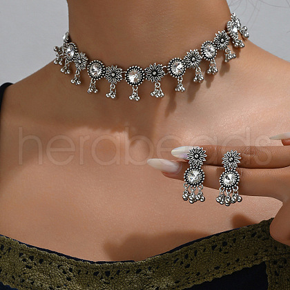 Flat Round & Flower Alloy Rhinestone Pendant Necklace & Stud Dangle Earring Sets FS-WG9BC55-06-1