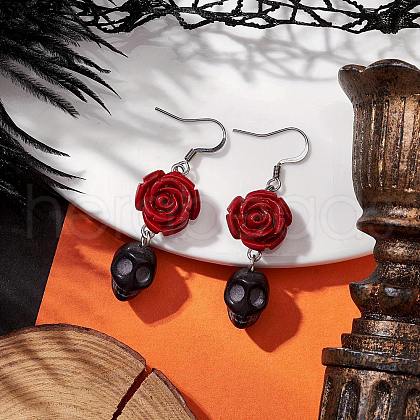 Halloween Synthetic Coral Red Flower & Synthetic Turquoise Black Skull Dangle Earrings EJEW-JE06069-S-1