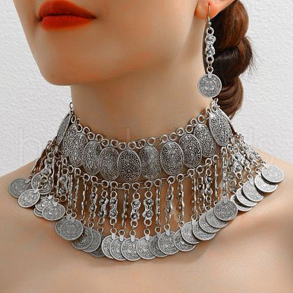 Alloy Coin Tassel Pendant Necklaces & Dangle Earrings Sets FS-WG2882A-02-1