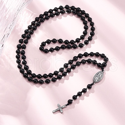 Black Glass Beaded Rosary Bead Necklaces NJEW-F336-01P-1