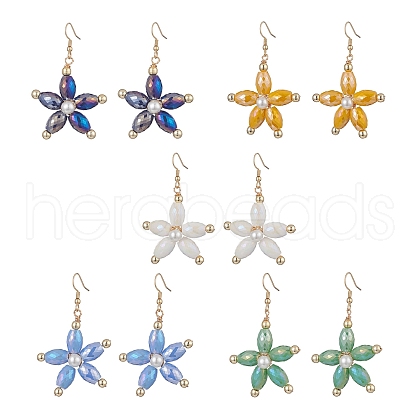 Glass Pearl & Synthetic Hematite Beaded Flower Dangle Earrings EJEW-JE05251-1
