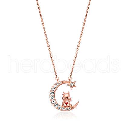 Chinese Zodiac Necklace Ox Necklace 925 Sterling Silver Rose Gold Cattle on the Moon Pendant Charm Necklace Zircon Moon and Star Necklace Cute Animal Jewelry Gifts for Women JN1090B-1