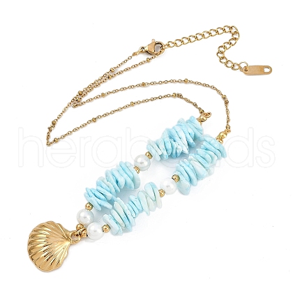 Summer Beach 304 Stainless Steel Shell Shaped Pendant Satellite Chain Necklaces for Women NJEW-A033-02A-G-1
