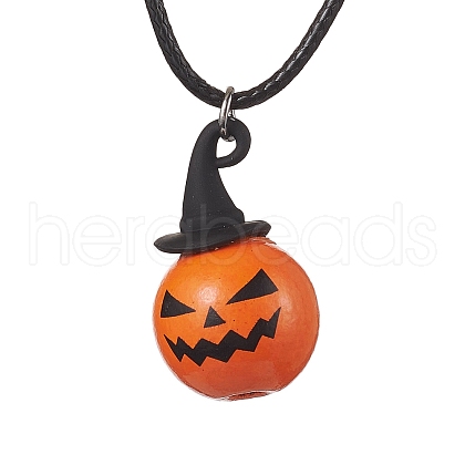 Halloween Theme Wood Pumpkin Pendant Necklaces NJEW-JN04847-1