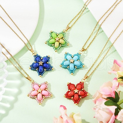 Handmade Glass Seed Beaded and Synthetic Imperial Jasper Dyed Beads Star Pendant Necklaces for Women NJEW-MZ00114-1