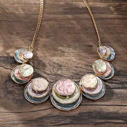 Summer Beach Alloy Colorful Enamel Multi Layer Flat Round Bib Necklaces NJEW-B113-04-1