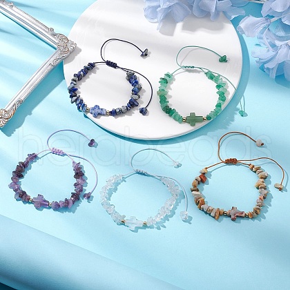 5Pcs Natural Gemstone Chip & Cross Braieded Bracelets for Women Men BJEW-JB11384-1