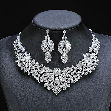 Flower Alloy Rhinestone Pendant Necklaces & Stud Dangle Earrings Sets WGBD82F-04-1