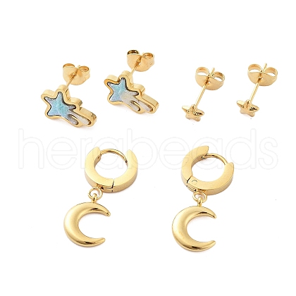 Ion Plating(IP) 3Pairs 3 Styles 304 Stainless Steel Star & Moon Earrings EJEW-A114-08G-1