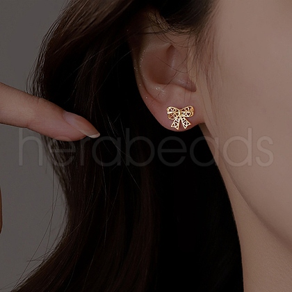 Bowknot Brass Stud Earrings for Women EJEW-P288-02G-1