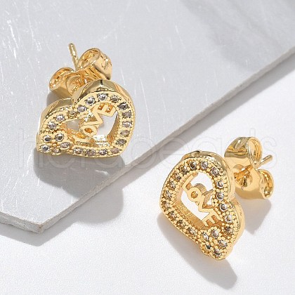 Valentine's Day Heart with Word Love Brass Micro Pave Clear Cubic Zirconia Stud Earrings EJEW-D305-22G-01-1
