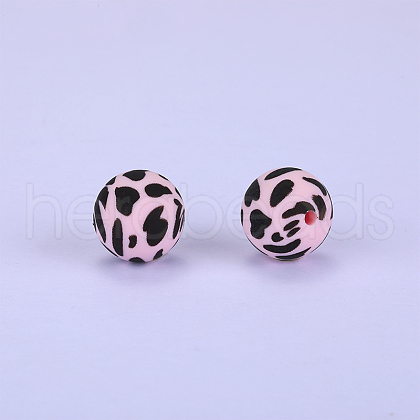 Printed Round with Leopard Print Pattern Silicone Focal Beads SI-JX0056A-101-1