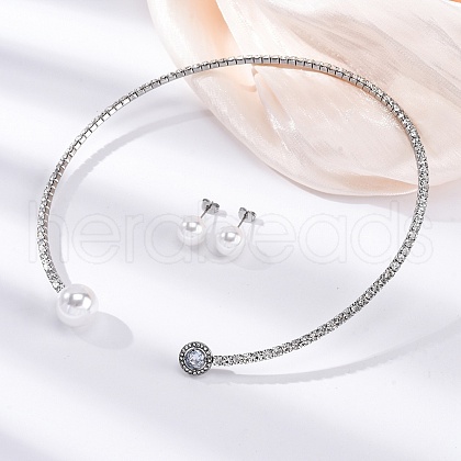 Round Plastic Imitation Pearl Stud Earrings & Cubic Zirconia and Rhinestone Cuff Choker Necklaces Sets SJEW-U003-03P-1