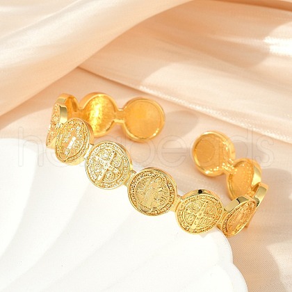 Flat Round With Cross Jesus Cuff Bangle BJEW-I298-03G-1