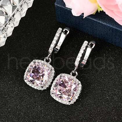 925 Sterling Silver Pave Cubic Zirconia Square Hoop Earrings EJEW-C150-01A-02-1