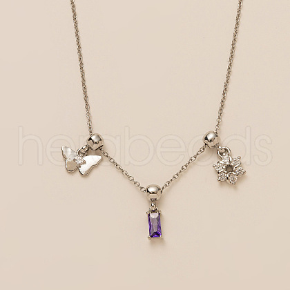 Butterfly Flower Brass Pave Clear and Medium Purple Cubic Zirconia Pendant Necklaces for Women FS-WG06C6B-04-1