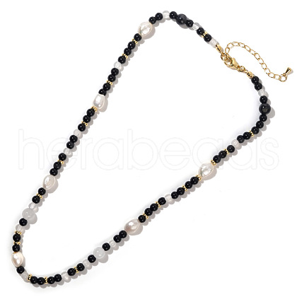 Round Natural Obsidian & Natural Freshwater Pearl & Brass Spacer Beaded Necklaces NN6807-1