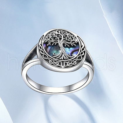 Flat Round with Tree of Life Pattern Brass with Natural Shell Finger Rings FS-WG27692-05-1