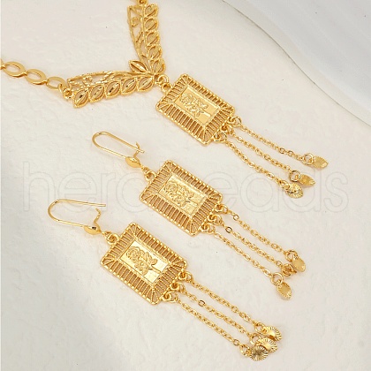 Elegant Vintage Brass Rectangle with Flower Tassels Earrings & Necklaces Sets for Women IQ4138-1
