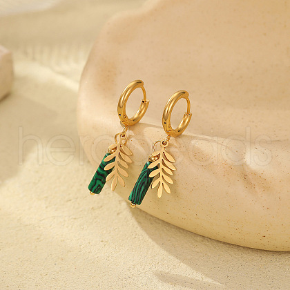 Retro Minimalist Natural Malachite Stainless Steel Hoop Earrings PW8328-1-1
