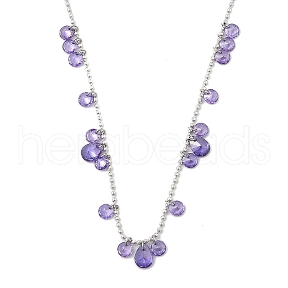 304 Stainless Steel Cubic Zirconia Teardrop & Flat Round Bib Ball Chain Necklaces for Women NJEW-F328-11P-09-1