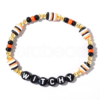 Adjustable Halloween Punk Style WITCHY Polymer Clay & Brass Stretch Beaded Bracelets in Black XD4553-3-1